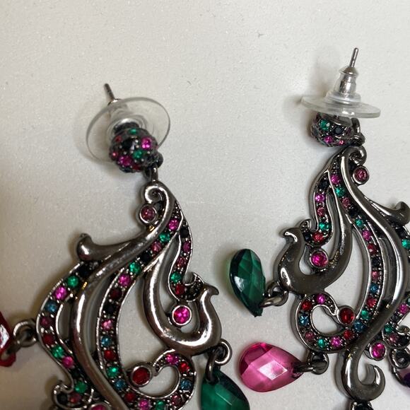 Earrings Dangling Colorful Jewels & Rhinestones Pierced EUC Sz OS Charcoal-Tone - Picture 3 of 6